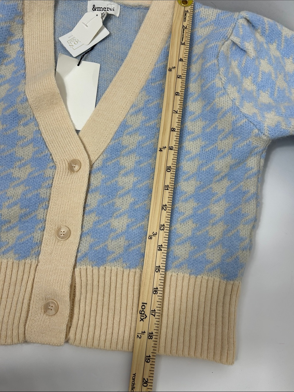 NWT &merci Light Blue Houndstooth Cropped Cardigan Sweater Size M Pastel Prepp - Picture 7 of 7